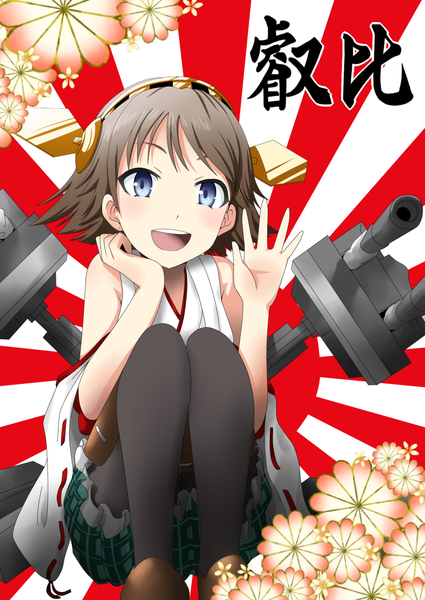 Anime picture 800x1130 with kantai collection hiei battleship niyang53 single tall image looking at viewer blush short hair open mouth blue eyes black hair nontraditional miko girl skirt hair ornament flower (flowers) weapon detached sleeves