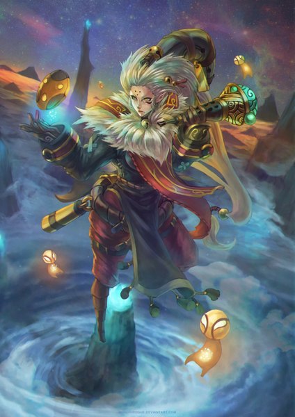 Anime picture 2477x3508 with league of legends bard (league of legends) monori rogue single tall image highres yellow eyes looking away silver hair very long hair pointy ears genderswap girl mask clothes