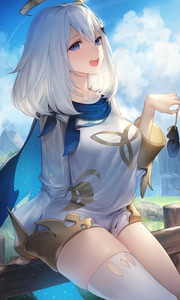 Anime picture 1000x1667 with genshin impact paimon (genshin impact) mamima single tall image looking at viewer blush fringe short hair open mouth blue eyes smile hair between eyes sitting holding sky cloud (clouds) outdoors white hair :d