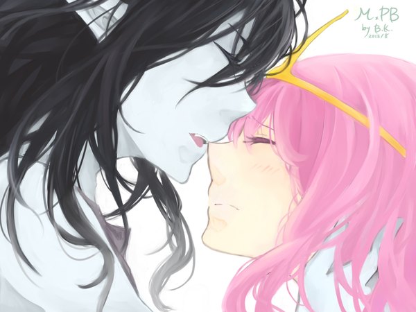 Anime picture 1600x1200 with adventure time marceline (adventure time) princess bubblegum (adventure time) long hair blush black hair simple background white background multiple girls signed pink hair eyes closed pointy ears teeth fang (fangs) couple hug shoujo ai pale skin sharp teeth