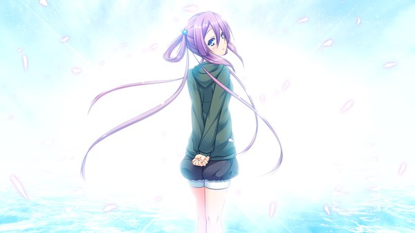 Anime picture 1280x720 with harvest overray giga kyougetsu mochiko single long hair blush blue eyes wide image standing game cg purple hair looking back hands behind back hands clasped hair rings girl shorts hood short shorts hoodie