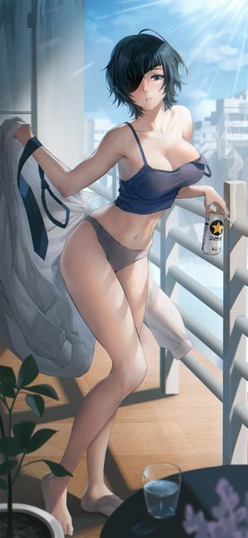 Anime picture 1284x2778 with chainsaw man mappa sapporo (beer) himeno (chainsaw man) mhk (mechamania) single tall image looking at viewer blush fringe short hair breasts blue eyes light erotic black hair large breasts standing bare shoulders holding sky