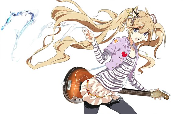 Anime picture 1131x703 with vocaloid hatsune miku ooi choon liang single long hair open mouth simple background blonde hair wide image white background twintails very long hair light smile silver eyes girl hair ornament pendant musical instrument guitar