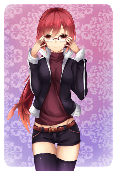 Anime picture 1024x1489 with original fi-san single long hair tall image smile pink hair pink eyes girl thighhighs black thighhighs glasses shorts short shorts