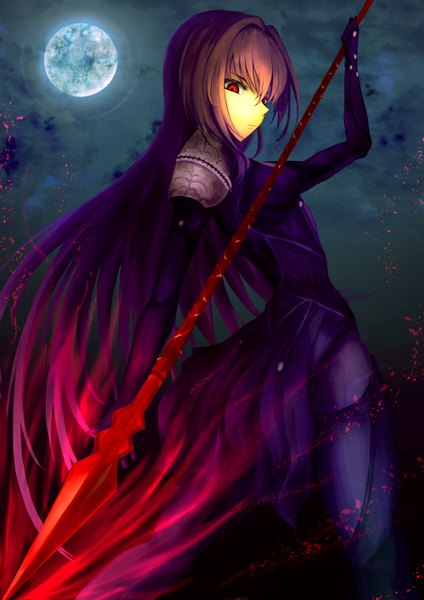 Anime picture 1000x1416 with fate (series) fate/grand order type-moon scathach (fate) (all) scathach (fate) kaze minoru so-ru single long hair tall image fringe breasts red eyes standing holding pink hair purple hair cloud (clouds) profile multicolored hair night