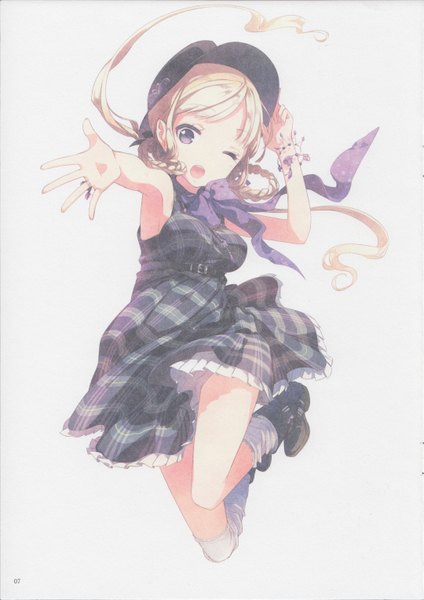 Anime picture 4318x6109 with h2so4 single long hair tall image looking at viewer highres open mouth simple background blonde hair smile white background purple eyes absurdres braid (braids) one eye closed scan twin braids outstretched arm jumping girl