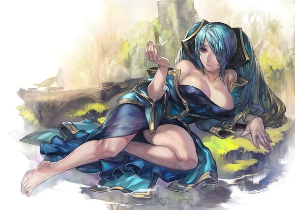 Anime picture 1629x1157 with league of legends sona buvelle aoin single long hair fringe breasts light erotic large breasts twintails bare shoulders brown eyes looking away hair over one eye aqua hair legs reclining silhouette girl plant (plants)