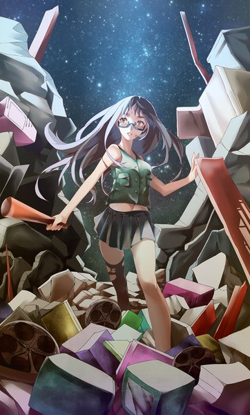 Anime picture 628x1040 with viola (seed) single long hair tall image open mouth bare shoulders looking away sky purple hair pleated skirt night night sky girl thighhighs skirt weapon black thighhighs glasses star (stars) vest