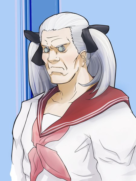 Anime picture 960x1280 with lucky star ghost in the shell kyoto animation production i.g batou pu-chin single long hair tall image simple background twintails looking away upper body white hair muscle cosplay serious crossdress manly hiiragi kagami (cosplay)