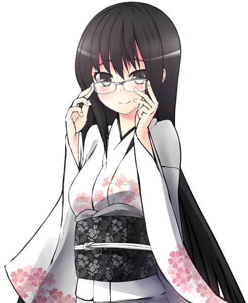 Anime picture 1310x1602 with original nekobaka single long hair tall image blush black hair simple background white background japanese clothes black eyes girl glasses kimono