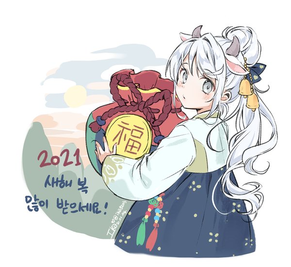 Anime picture 1111x1021 with original ika (4801055) single long hair holding signed animal ears silver hair ponytail traditional clothes looking back horn (horns) grey eyes hair bun (hair buns) text new year hair bell 2021 cow ears cow girl
