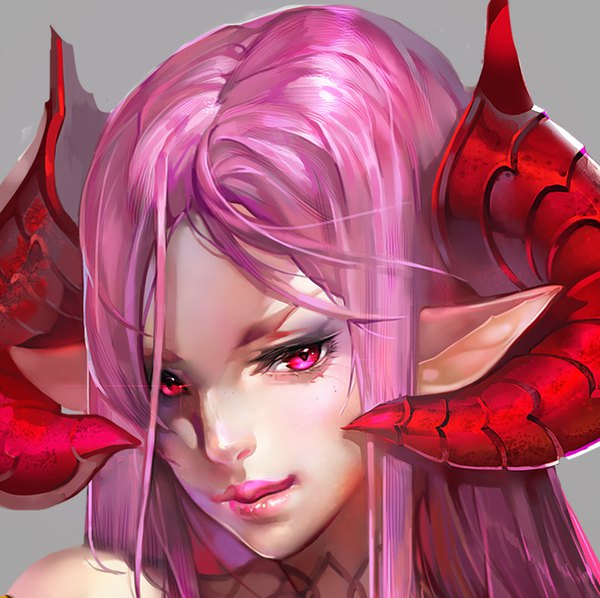 Anime picture 904x902 with original hx (091113) single long hair looking at viewer simple background bare shoulders pink hair pink eyes horn (horns) pointy ears grey background lipstick portrait face demon girl pink lipstick makeup girl