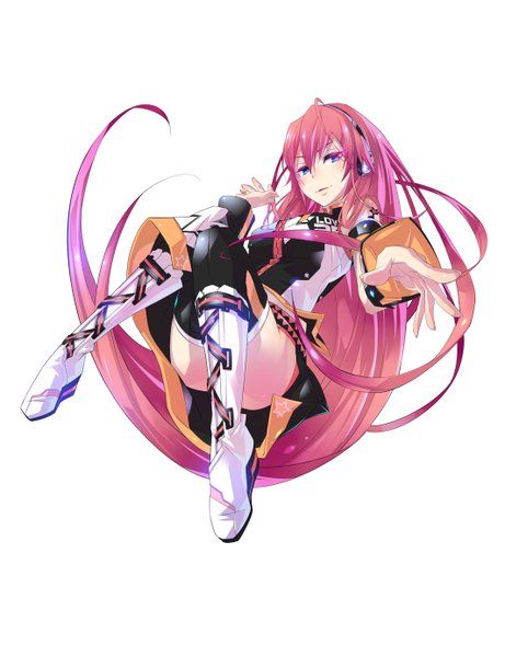 Anime picture 1063x1383 with vocaloid megurine luka monq (artist) single long hair tall image looking at viewer blush blue eyes simple background white background pink hair very long hair light smile tattoo girl thighhighs detached sleeves headphones thigh boots