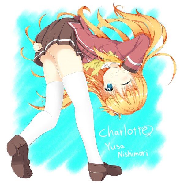 Anime picture 4000x4080 with charlotte p.a. works nishimori yusa borumete single long hair tall image looking at viewer blush fringe highres light erotic blonde hair smile hair between eyes absurdres full body ass braid (braids) one eye closed