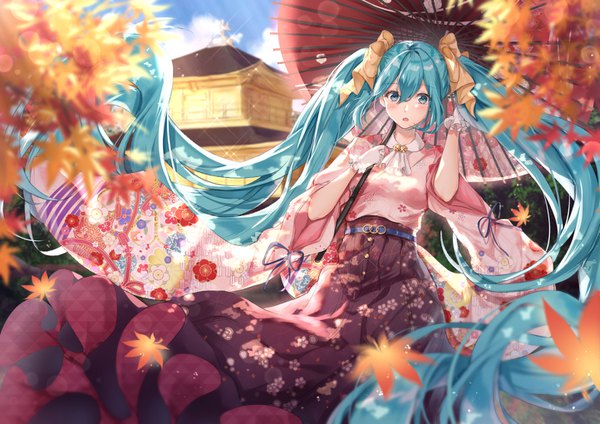 Anime picture 1443x1020 with vocaloid hatsune miku nu10040904 single blush fringe hair between eyes twintails very long hair aqua eyes aqua hair kyoto girl skirt gloves bow hair bow belt white gloves leaf (leaves)