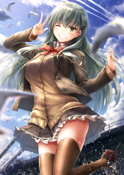 Anime-Bild 836x1180 mit kantai collection suzuya heavy cruiser suien single long hair tall image looking at viewer blush fringe light erotic smile hair between eyes brown eyes sky cloud (clouds) bent knee (knees) outdoors long sleeves nail polish pleated skirt