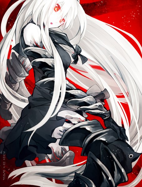 Anime picture 775x1020 with kantai collection armored aircraft carrier oni ankai (rappelzankai) single tall image fringe open mouth red eyes signed white hair very long hair looking down red background girl armor