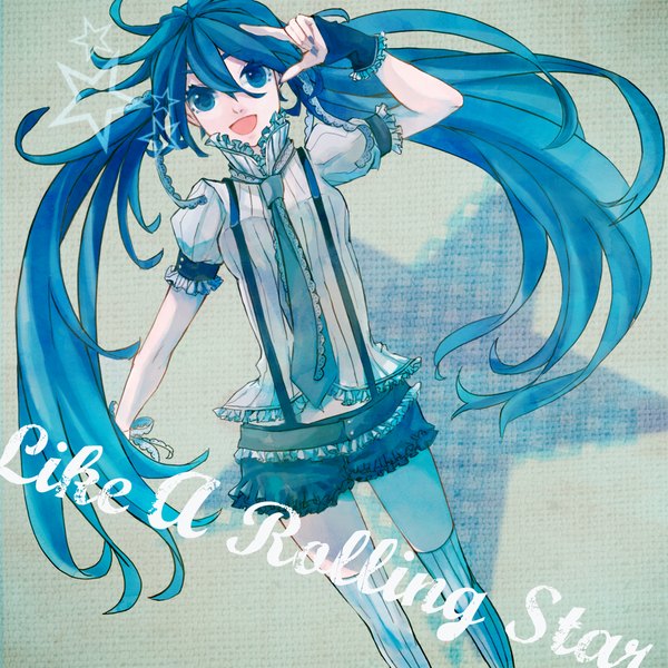 Anime picture 1000x1000 with vocaloid like a rolling star (vocaloid) hatsune miku 72 (nananatsu) single open mouth twintails very long hair aqua eyes aqua hair girl thighhighs necktie shorts star (symbol) striped thighhighs suspenders