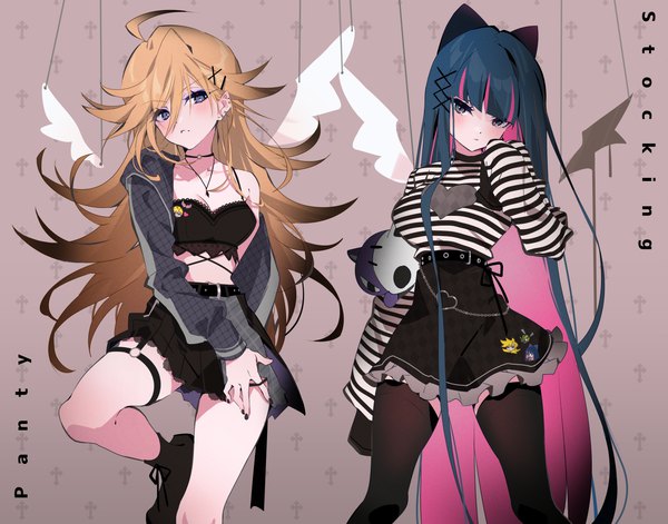 Anime picture 6929x5439 with panty & stocking with garterbelt anarchy stocking anarchy panty arutera long hair looking at viewer blush fringe highres blue eyes blonde hair hair between eyes standing multiple girls absurdres ahoge blunt bangs long sleeves very long hair nail polish