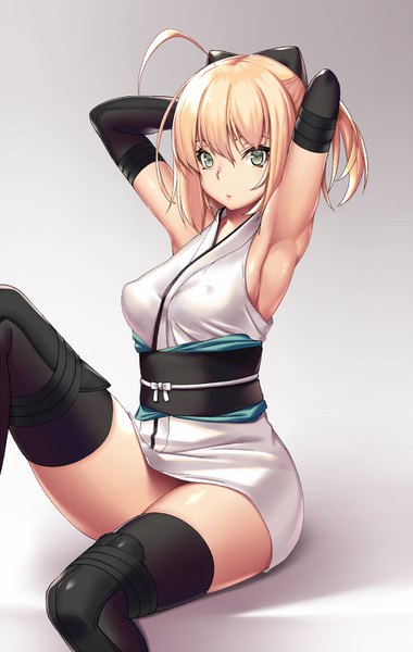 Anime picture 888x1400 with fate (series) fate/grand order koha-ace okita souji (fate) (all) okita souji (koha-ace) takanashi-a single tall image looking at viewer blush fringe short hair breasts light erotic simple background blonde hair hair between eyes sitting ahoge traditional clothes