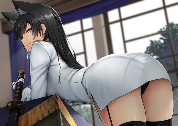 Anime picture 1518x1075 with azur lane atago (azur lane) kamata yuuya single long hair looking at viewer fringe light erotic black hair standing brown eyes animal ears ass indoors parted lips profile looking back light smile leaning pantyshot