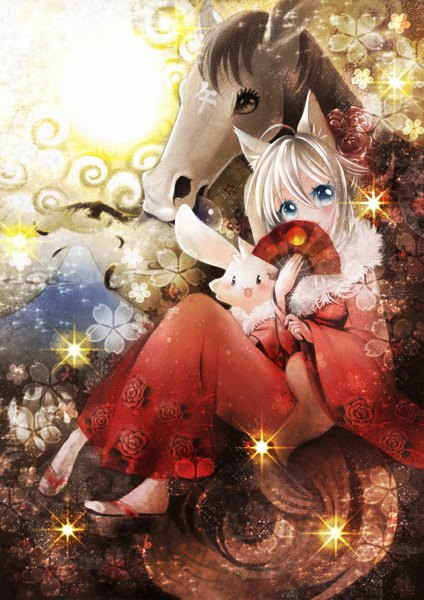 Anime picture 824x1165 with original mosho tall image short hair blue eyes looking away white hair traditional clothes japanese clothes new year 2014 girl animal kimono bird (birds) feather (feathers) fan bunny fur-trimmed kimono horse