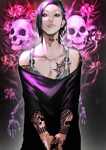 Anime picture 1500x2121 with tokyo ghoul studio pierrot uta (tokyo kushu) yoshio (55level) single tall image short hair black hair red eyes bare shoulders tattoo piercing black sclera lip piercing boy flower (flowers) skull higanbana