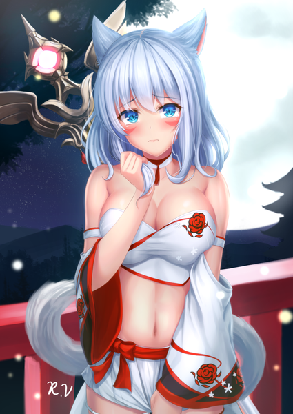 Anime picture 1100x1553 with final fantasy final fantasy xiv square enix miqo'te white mage tiphereth single long hair tall image looking at viewer blush fringe breasts blue eyes light erotic hair between eyes large breasts standing bare shoulders signed