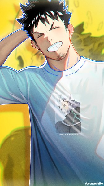 Anime picture 1239x2210 with kaijuu no. 8 production i.g hibino kafka stnutt single tall image short hair black hair smile signed upper body eyes closed twitter username grin arm behind head spiked hair boy t-shirt