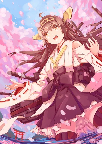 Anime picture 850x1200 with kantai collection kongou battleship re lucy single long hair tall image open mouth brown hair brown eyes nontraditional miko girl hair ornament weapon detached sleeves petals torii