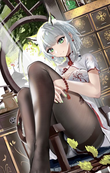 Anime picture 2592x4087 with arknights kal'tsit (arknights) sabou san-shitsu kokoro single tall image looking at viewer blush fringe highres short hair breasts light erotic smile large breasts sitting green eyes animal ears payot silver hair bent knee (knees)