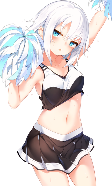 Anime picture 2716x4500 with original ringo-chan (otokuyou) otokuyou single tall image looking at viewer blush fringe highres short hair open mouth blue eyes light erotic simple background hair between eyes standing white background white hair head tilt arms up