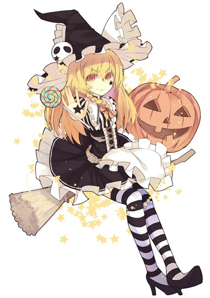 Anime picture 744x1052 with touhou kirisame marisa rain lan single long hair tall image looking at viewer simple background blonde hair smile white background yellow eyes halloween witch girl thighhighs food sweets star (symbol) witch hat