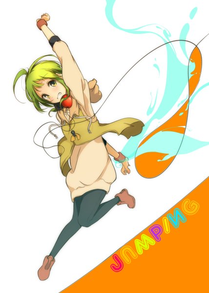 Anime picture 1000x1400 with vocaloid gumi pachi (sugiyama0306) single tall image blush short hair green eyes looking away ahoge green hair inscription dutch angle jumping girl pantyhose headphones wire (wires) wristlet