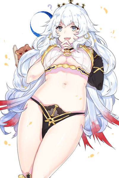 Anime picture 853x1276 with fate (series) fate/grand order ishtar (fate) artemis (fate/grand order) orion (fate/grand order) gevjon long hair tall image breasts open mouth blue eyes light erotic simple background smile red eyes white background looking away silver hair bare belly cosplay