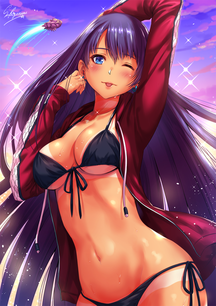 Anime picture 1000x1414 with fate (series) fate/grand order martha (fate) martha (swimsuit ruler) (fate) sakiyamama single long hair tall image looking at viewer blush fringe breasts blue eyes light erotic hair between eyes large breasts standing signed sky cleavage