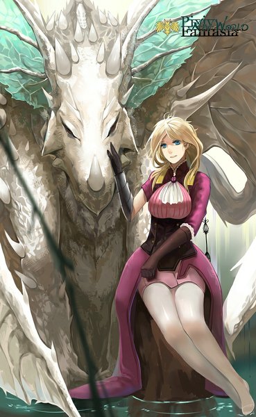 Anime picture 631x1024 with original pixiv fantasia pixiv fantasia new world gu-ko citemer single long hair tall image looking at viewer breasts blue eyes blonde hair sitting horn (horns) light smile underbust girl thighhighs dress gloves white thighhighs