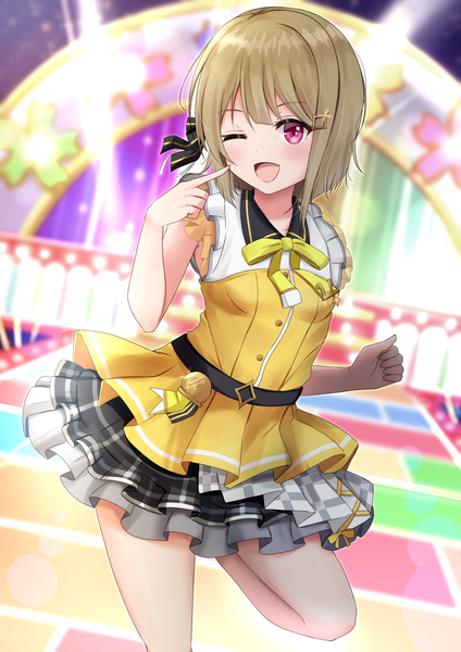Anime picture 2171x3070 with love live! nijigasaki high school idol club sunrise (studio) love live! nakasu kasumi kamesys single tall image looking at viewer blush fringe highres short hair breasts open mouth smile standing bent knee (knees) one eye closed pink eyes grey hair