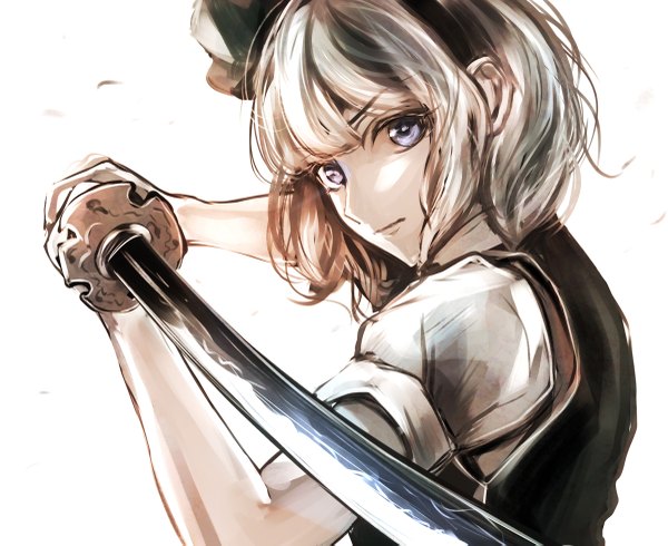 Anime picture 1200x981 with touhou konpaku youmu jan (lightdragoon) single long hair looking at viewer fringe short hair blue eyes simple background white background holding payot upper body blunt bangs lips grey hair short sleeves fighting stance serious