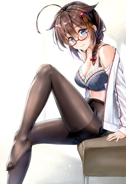 Anime picture 4801x6963 with kantai collection shigure destroyer kotatsu (kotatsu358) single long hair tall image looking at viewer blush fringe highres breasts blue eyes light erotic simple background hair between eyes brown hair large breasts sitting absurdres cleavage