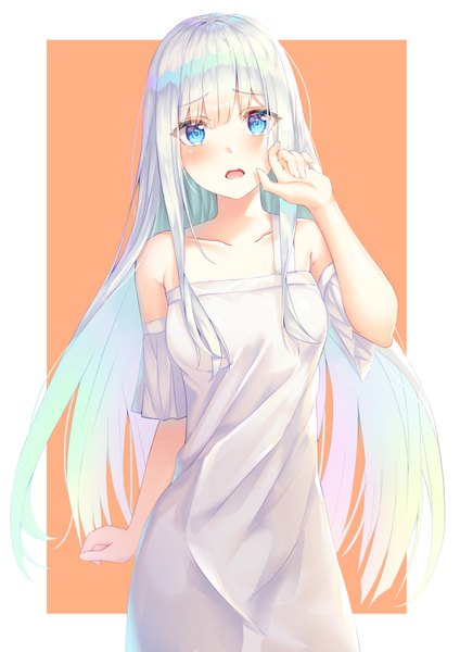 Anime picture 4960x7016 with original kokose single long hair tall image looking at viewer blush fringe highres open mouth blue eyes simple background hair between eyes standing bare shoulders absurdres silver hair arm up short sleeves border