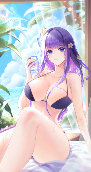 Anime picture 3333x6300 with genshin impact raiden shogun meisansan single long hair tall image looking at viewer blush fringe highres breasts light erotic smile large breasts sitting purple eyes holding absurdres sky purple hair