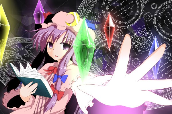 Anime picture 1200x800 with touhou patchouli knowledge purple eyes purple hair magic girl hat book (books) crystal