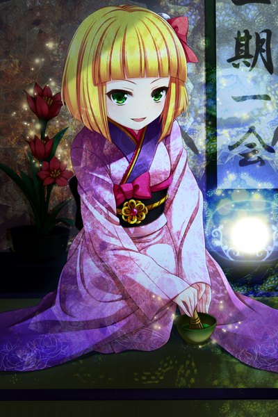 Anime picture 960x1440 with higanbana no saku yoru ni sumire (higanbana) uzu hi single tall image looking at viewer short hair open mouth blonde hair green eyes traditional clothes japanese clothes girl flower (flowers) bow hair bow kimono