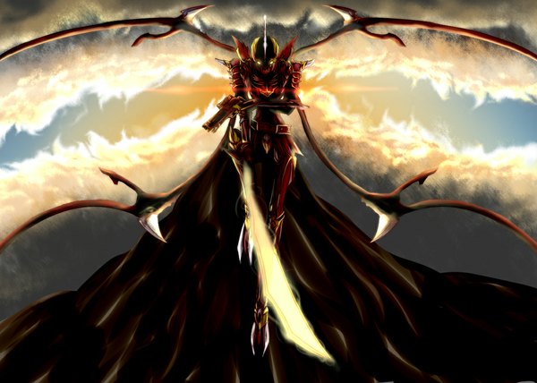 Anime picture 1156x826 with cardfight!! vanguard dragonic overlord the end ryuyou (artist) single standing sky cloud (clouds) glowing glowing eye (eyes) weapon sword wings armor suit helmet claws