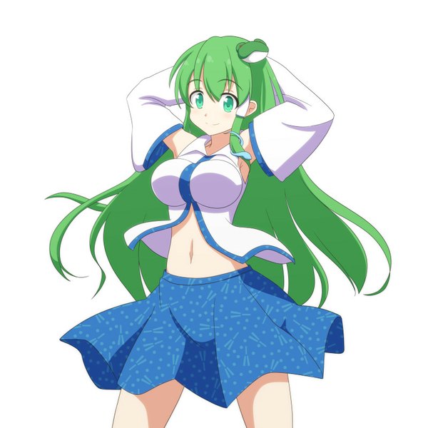 Anime picture 800x800 with touhou kochiya sanae cato (monocatienus) long hair looking at viewer blush fringe breasts simple background large breasts white background green eyes green hair light smile arms behind head girl skirt navel hair ornament detached sleeves