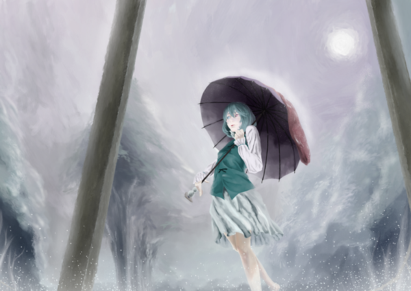 Anime picture 1256x889 with touhou tatara kogasa akaikitsune single short hair aqua hair heterochromia girl skirt plant (plants) shirt tree (trees) tongue umbrella vest sun