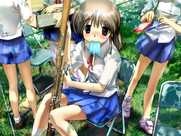 Anime picture 1280x960 with original ashibe ryou blush short hair brown hair sitting multiple girls brown eyes girl uniform plant (plants) school uniform socks food sweets white socks grass chair 4 girls ice cream