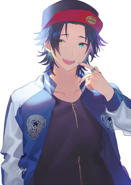 Anime picture 900x1270 with hypnosis mic yamada jirou heiwa (murasiho) single tall image short hair black hair simple background white background signed looking away upper body mole open jacket mole under eye heterochromia finger to mouth mole under mouth boy jacket