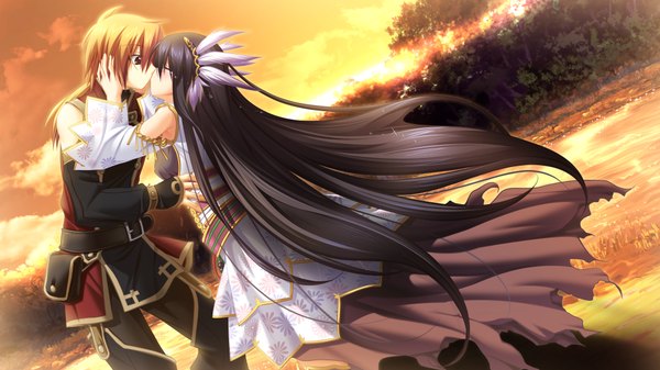 Anime picture 1024x576 with kamidori alchemy meister yuela long hair blush black hair red eyes wide image game cg orange hair couple tears evening sunset kiss girl boy